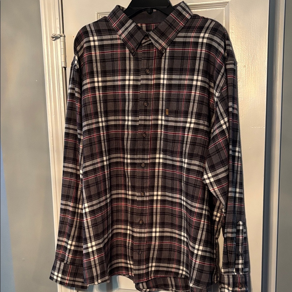 Izod Men's Casual Flannel Gray Black White & Red Plaid Shirt NWT